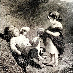 Adorable Children Spring Flowers Steel Engraving 1859 Victorian Art DWY5E